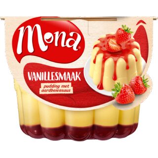 Mona Vanillepudding met aardbeiensaus